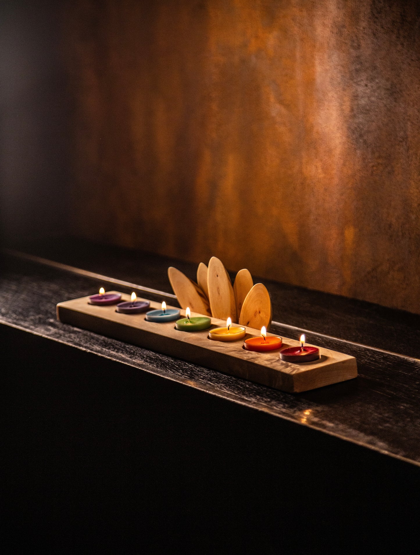 Wooden Candle Holder for Chakra Tea Candles "Lotus" + Chakra Tea Candles as a Gift