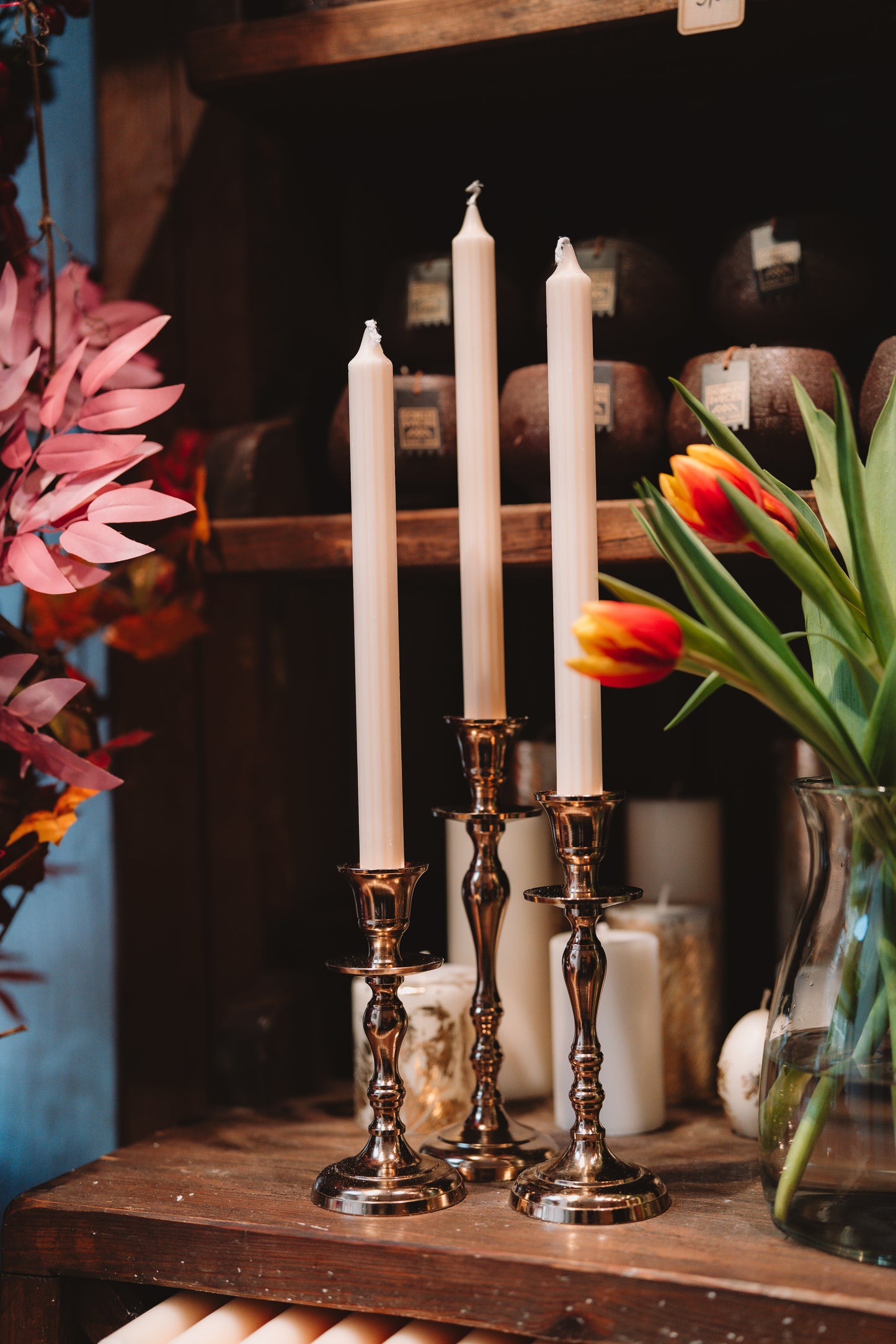 Long table candle "Ribbed/Beige"